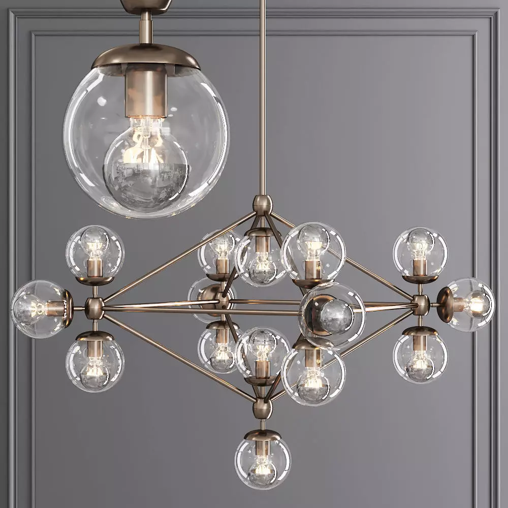 Modo 4 Sided Chandelier 15 Globes Bronze and Clear Glass 3D model_0