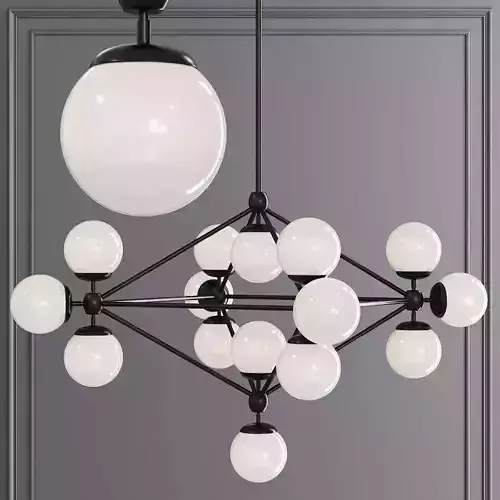 Modo 4 Sided Chandelier 15 Globes Black and Cream Glass