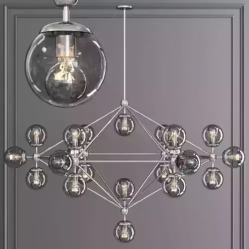 Modo 6 Sided Chandelier 21 Globes Polished Nickel and Gray Glass