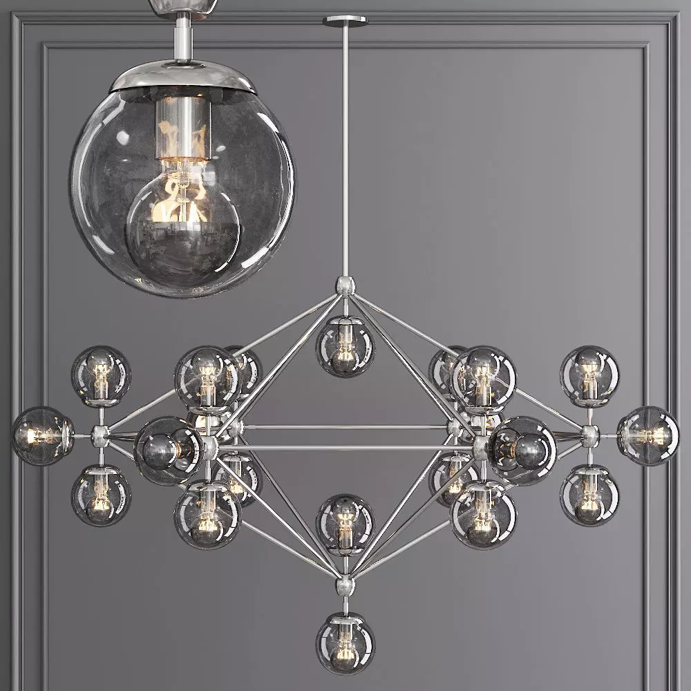 Modo 6 Sided Chandelier 21 Globes Polished Nickel and Gray Glass 3D model_0