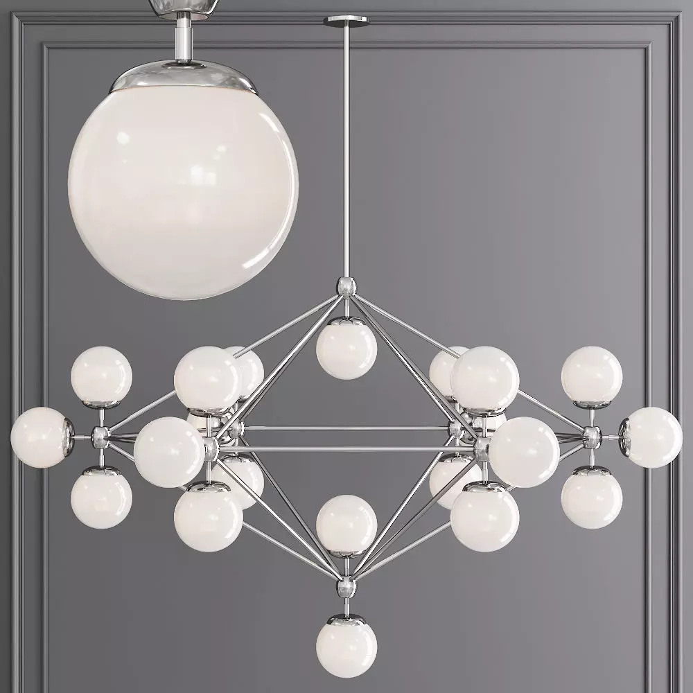 Modo 6 Sided Chandelier 21 Globes Nickel and Cream Glass 3D model_0