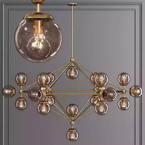 Modo 6 Sided Chandelier 21 Globes Brushed Brass and Smoke Glass