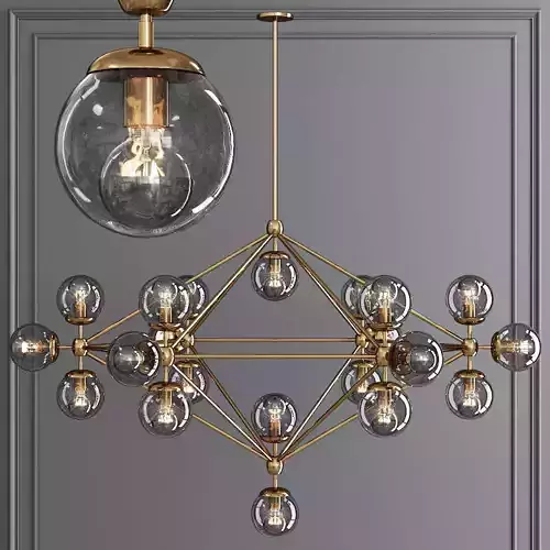 Modo 6 Sided Chandelier 21 Globes Brushed Brass and Gray Glass