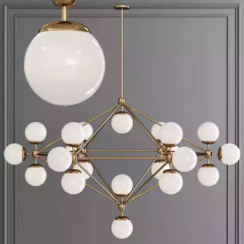 Modo 6 Sided Chandelier 21 Globes Brushed Brass and Cream Glass