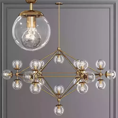 Modo 6 Sided Chandelier 21 Globes Brushed Brass and Clear Glass