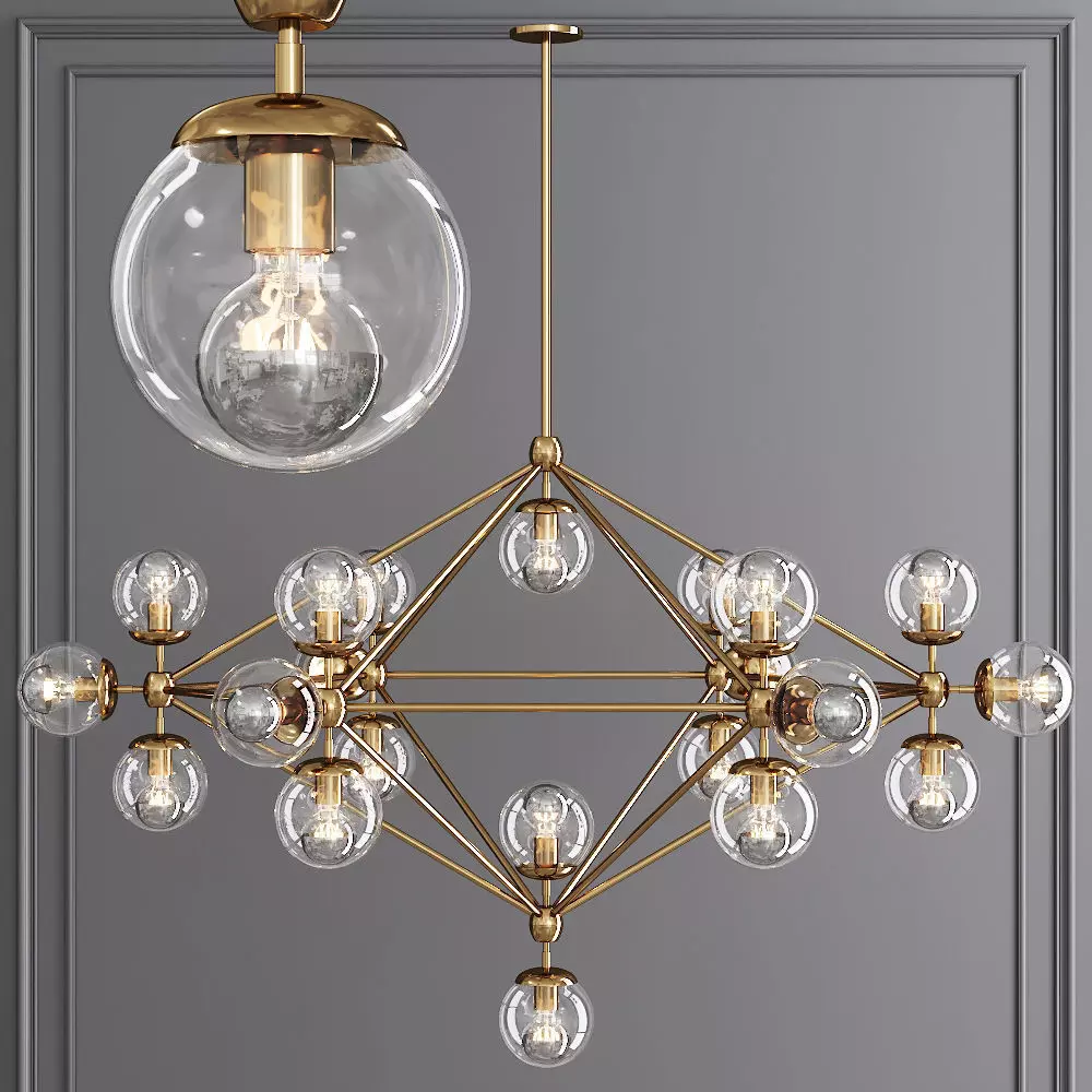 Modo 6 Sided Chandelier 21 Globes Brushed Brass and Clear Glass 3D model_0