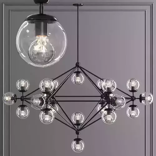 Modo 6 Sided Chandelier 21 Globes Black and Clear Glass