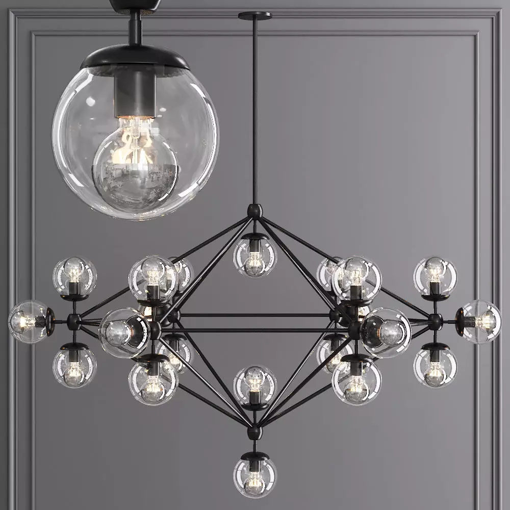 Modo 6 Sided Chandelier 21 Globes Black and Clear Glass 3D model_0