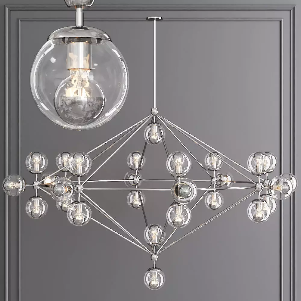 Modo 8 Sided Chandelier 27 Globes Nickel and Clear Glass 3D model_0