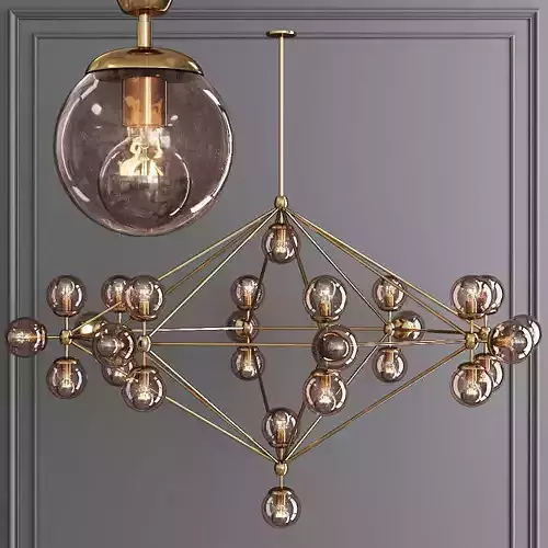 Modo 8 Sided Chandelier 27 Globes Brushed Brass and Smoke Glass