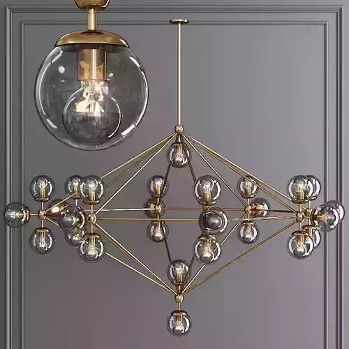 Modo 8 Sided Chandelier 27 Globes Brushed Brass and Gray Glass