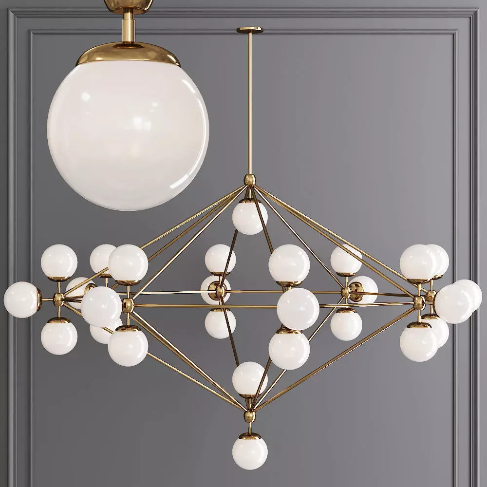 Modo 8 Sided Chandelier 27 Globes Brushed Brass and Cream Glass 3D model_0