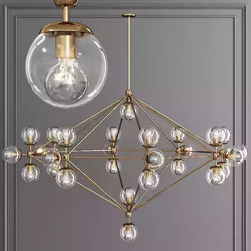 Modo 8 Sided Chandelier 27 Globes Brushed Brass and Clear Glass