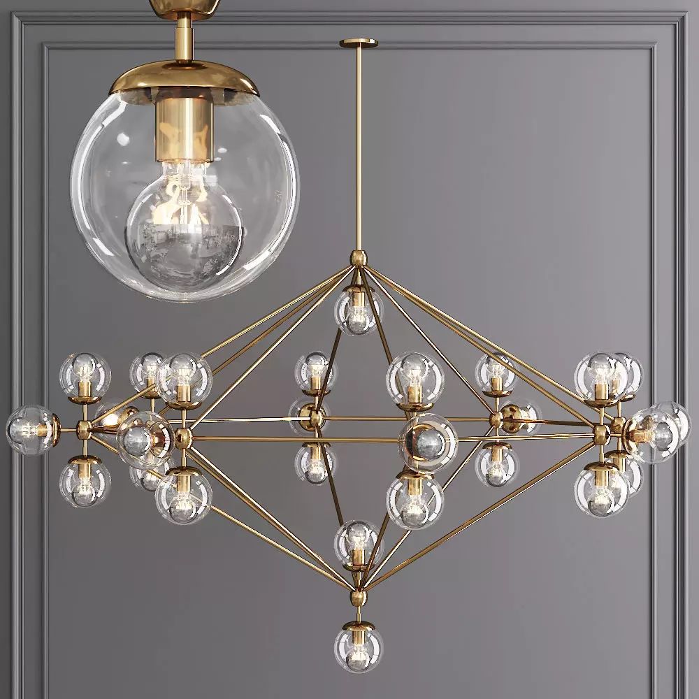 Modo 8 Sided Chandelier 27 Globes Brushed Brass and Clear Glass 3D model_0