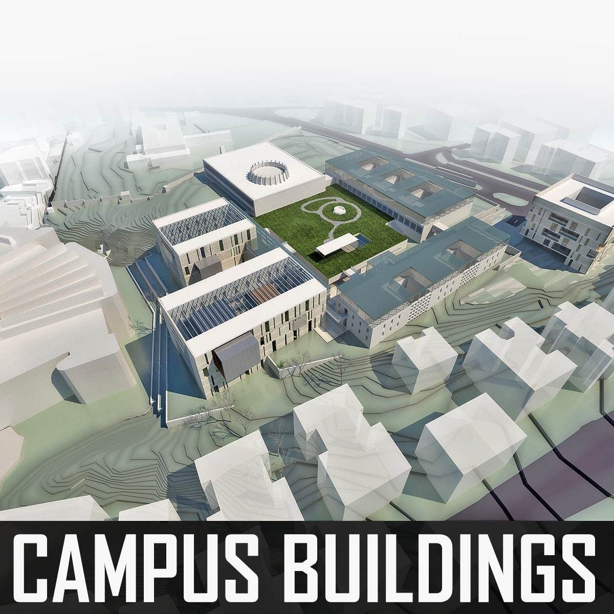 Campus Buildings Set 01 Low-poly 3D model_13