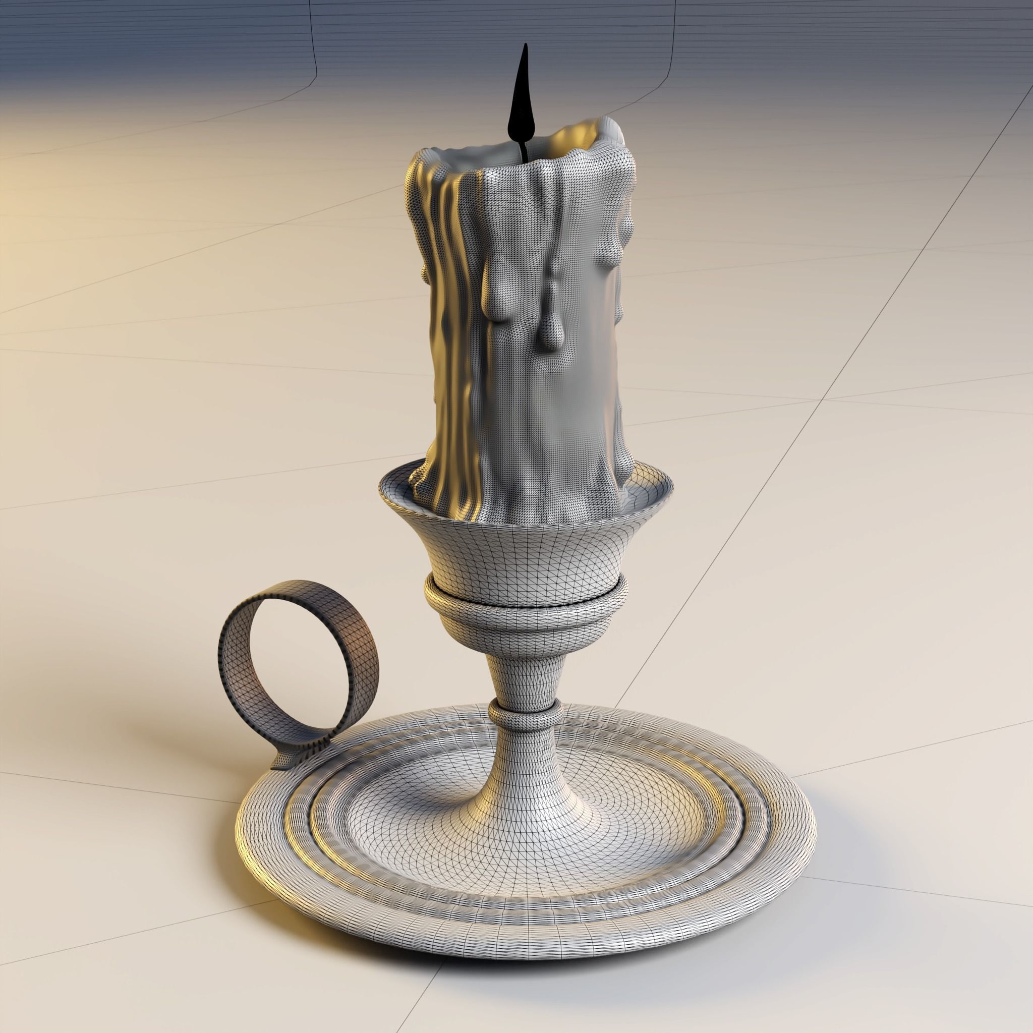 Melted candle and rustic candle holder 3D model_4