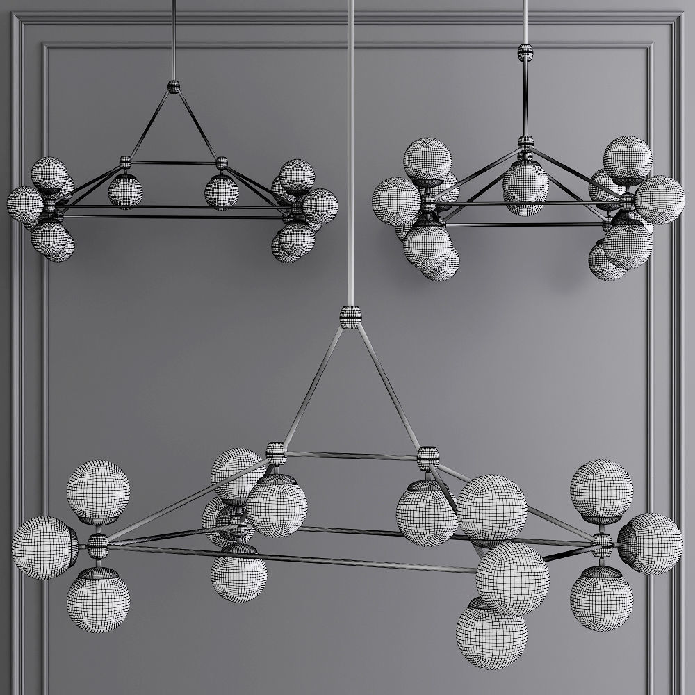 Modo Rectangle Chandelier 14 Globes Nickel and Cream Glass 3D model_1