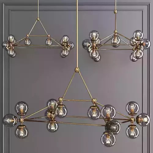 Modo Rectangle Chandelier 14 Globes Brushed Brass and Gray Glass