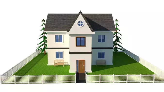 Villa 3D house with fence and trees Low-poly 3D model