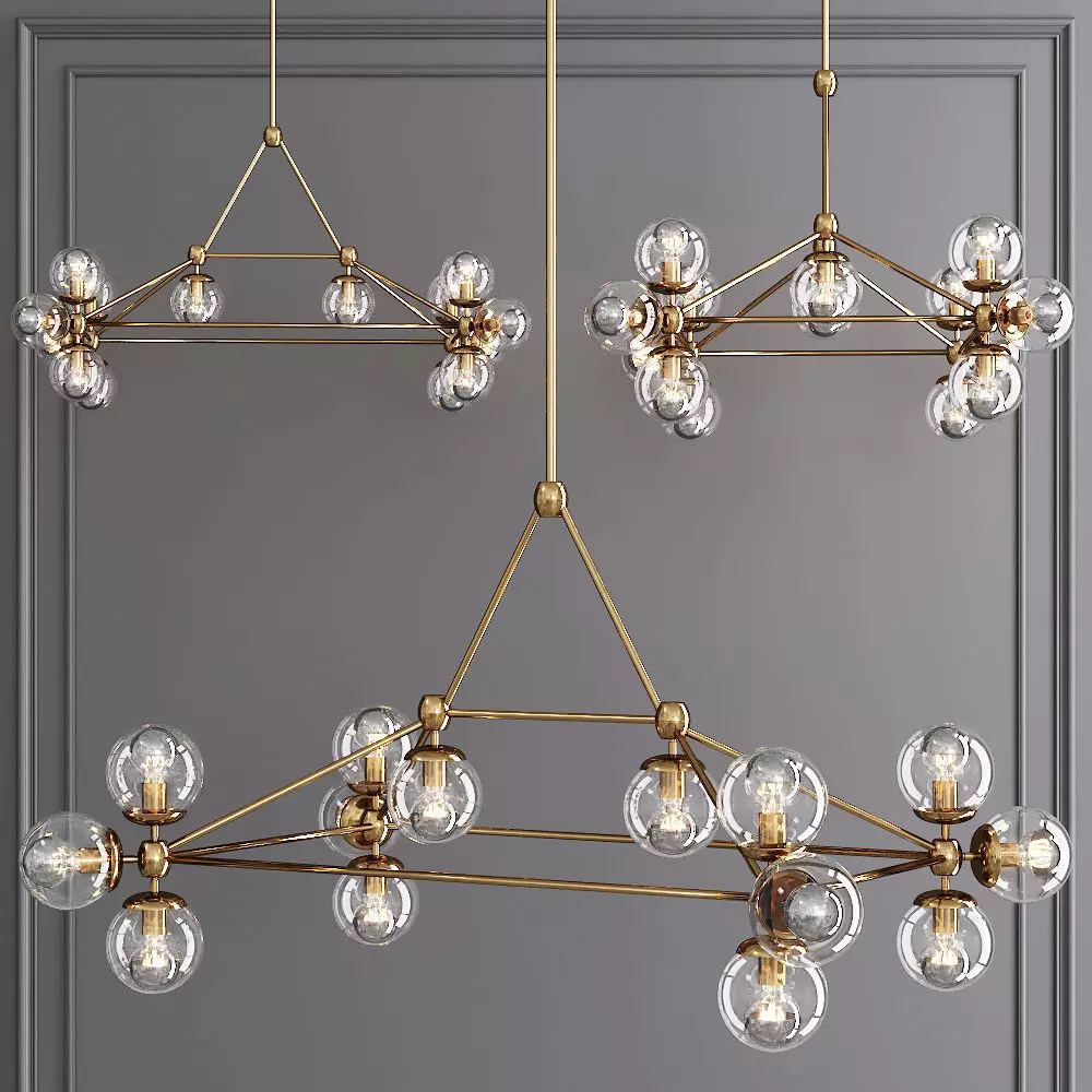 Modo Rectangle Chandelier 14 Globes Brass and Clear Glass 3D model_0