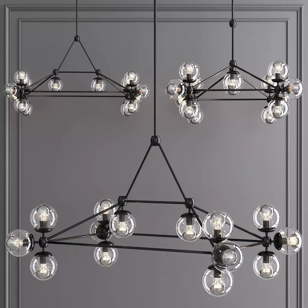 Modo Rectangle Chandelier 14 Globes Black and Clear Glass 3D model_0