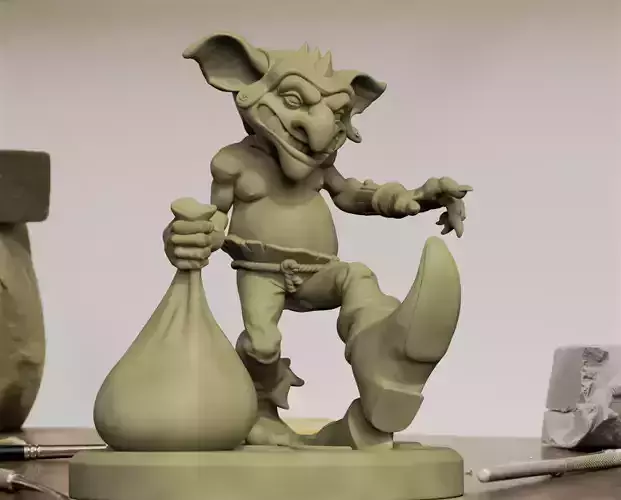 Goblin statue of rat holding bag