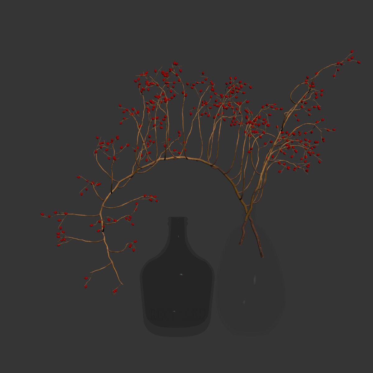 Decorative branch with red berries in a glass vase 3D model_4