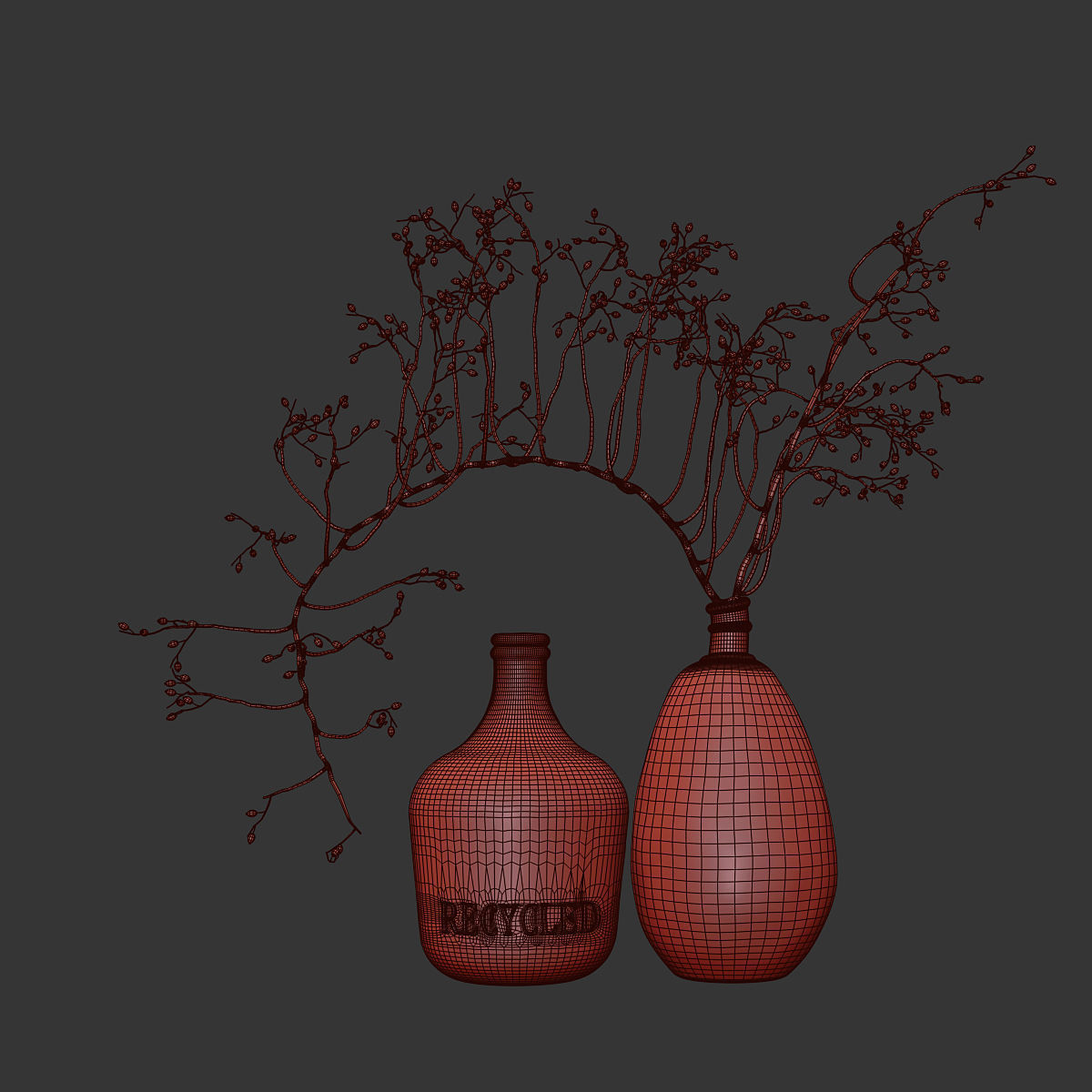 Decorative branch with red berries in a glass vase 3D model_3