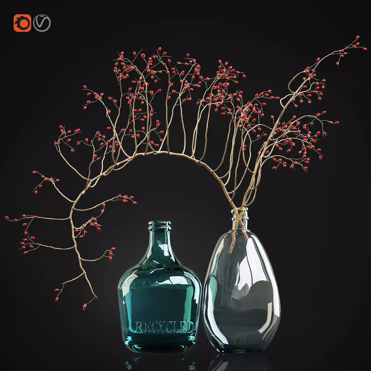 Decorative branch with red berries in a glass vase 3D model_0