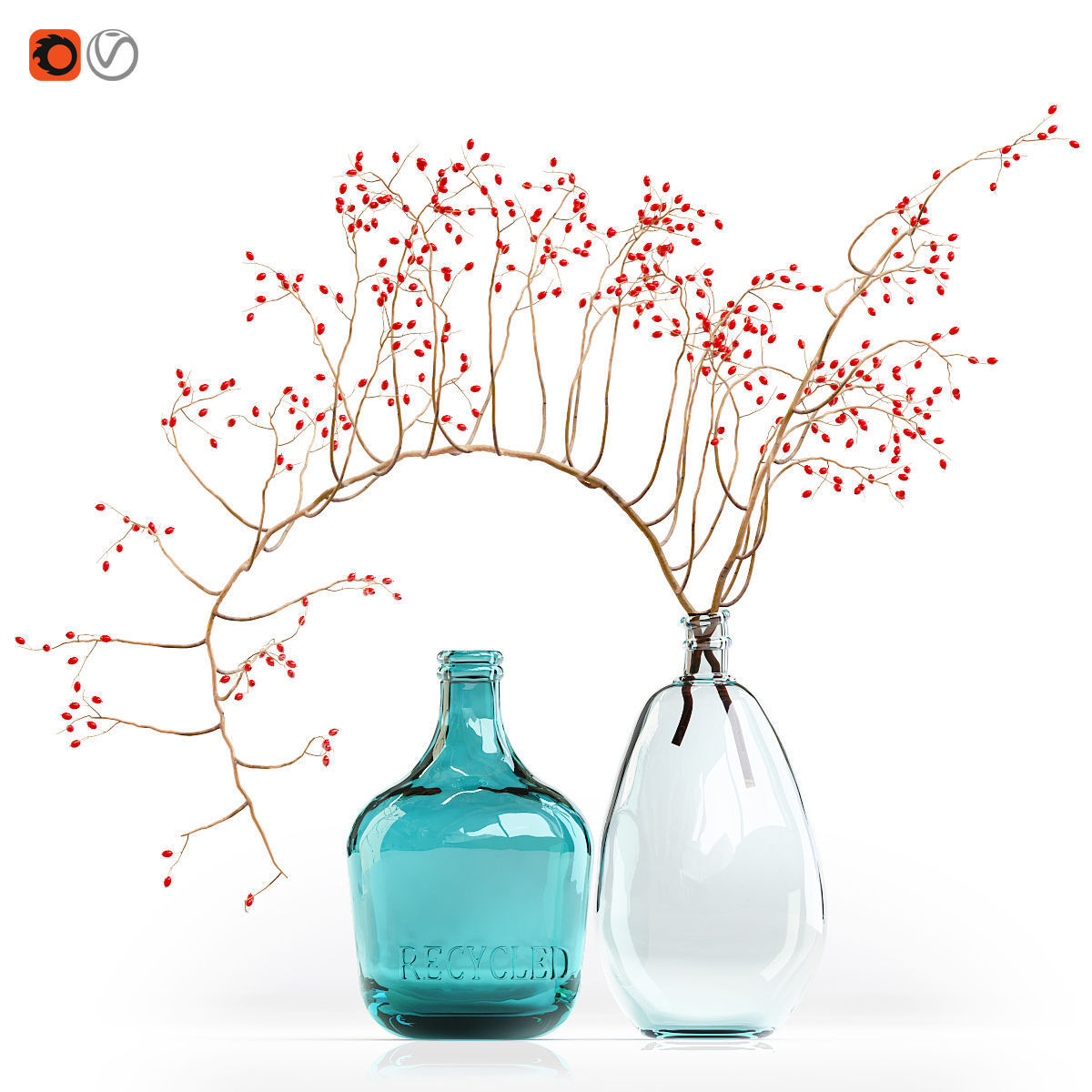 Decorative branch with red berries in a glass vase 3D model_1