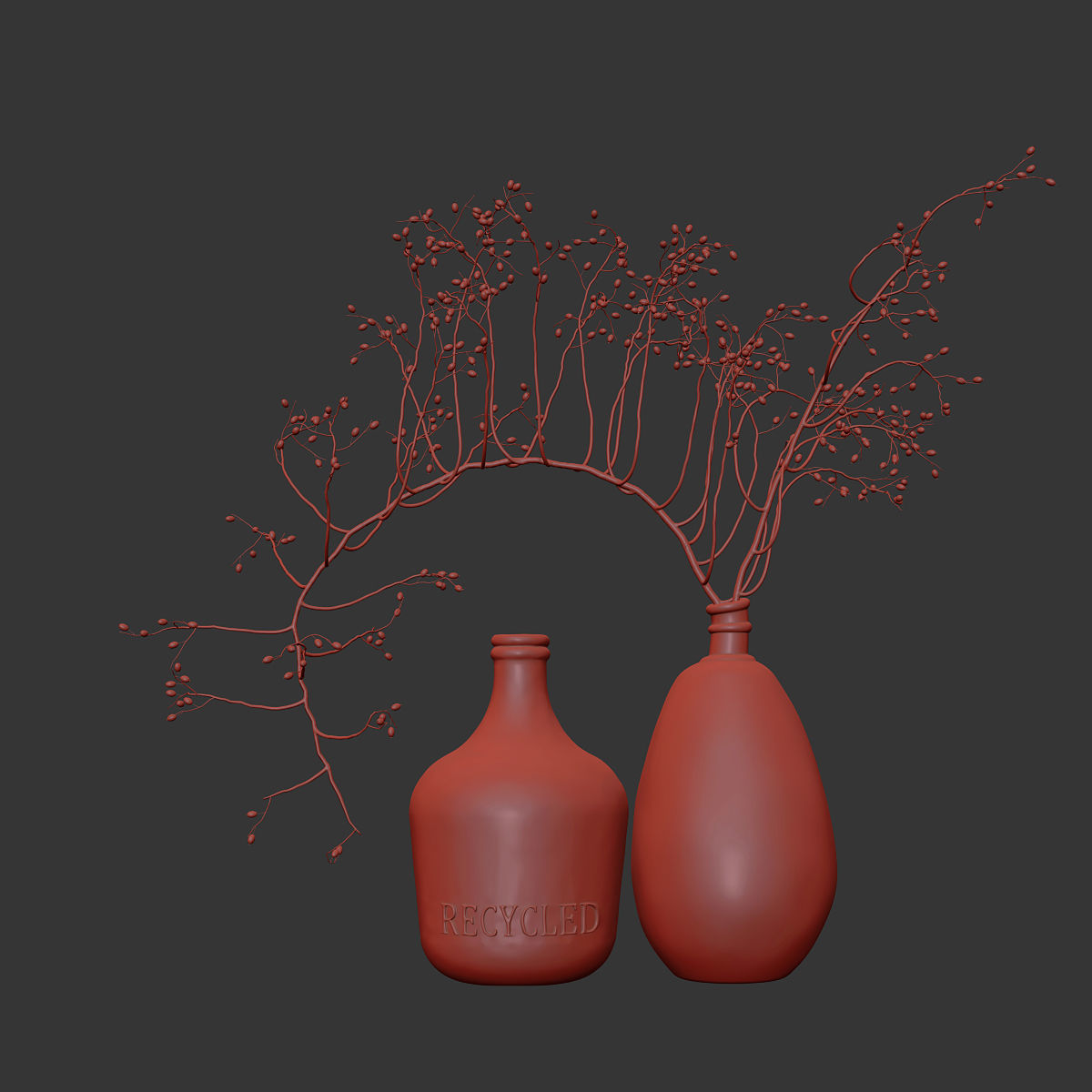 Decorative branch with red berries in a glass vase 3D model_2
