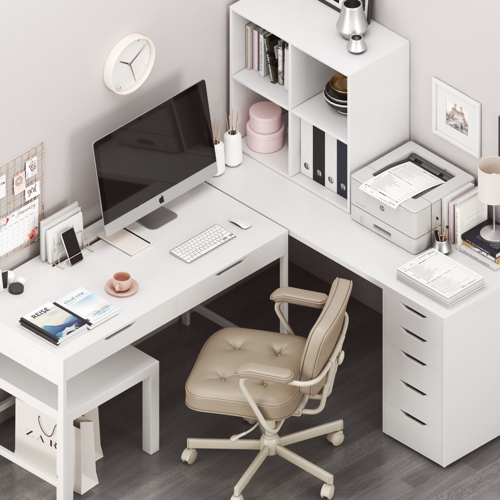 Corner workplace with ALEX table and ALEFJALL chair 3D model_3