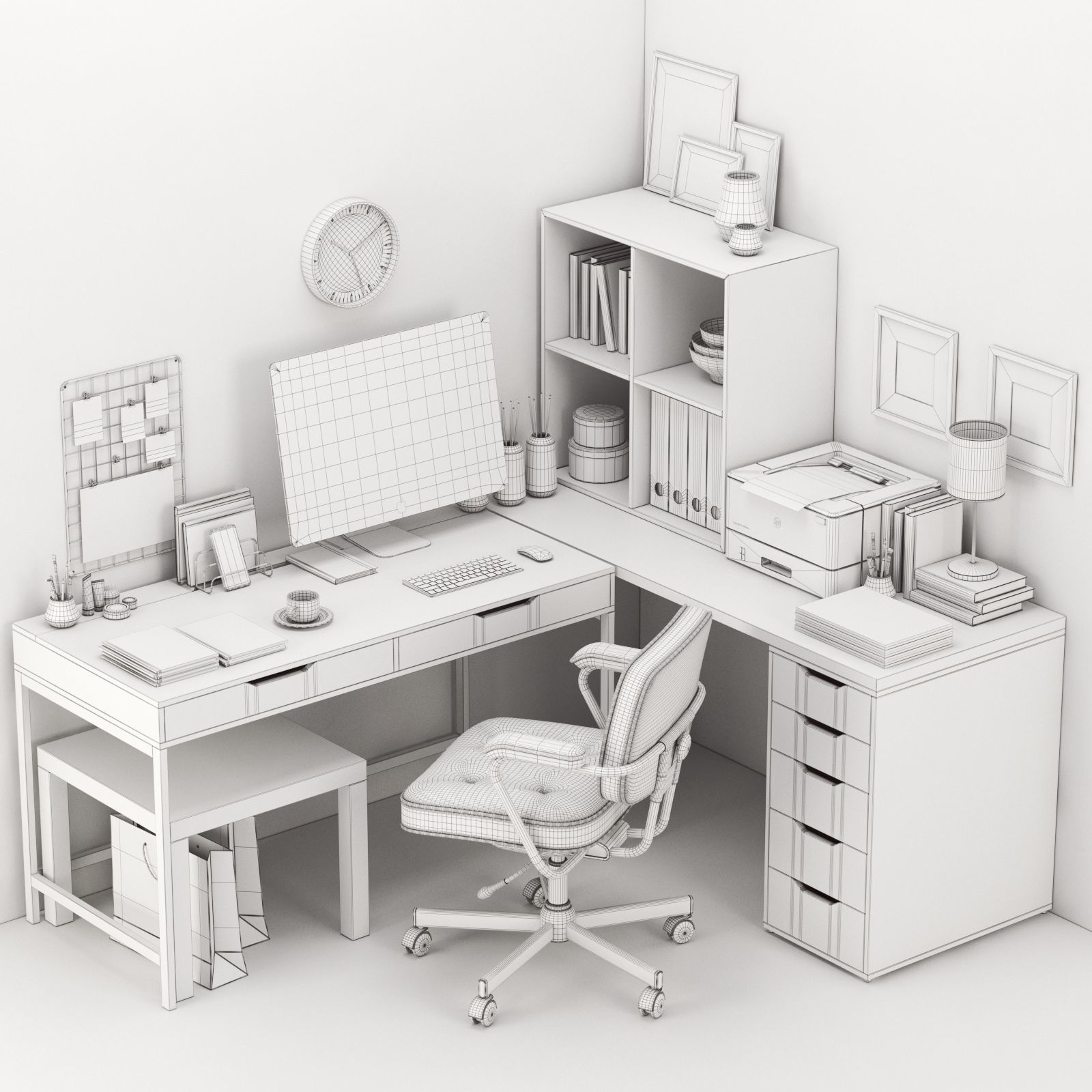 Corner workplace with ALEX table and ALEFJALL chair 3D model_2
