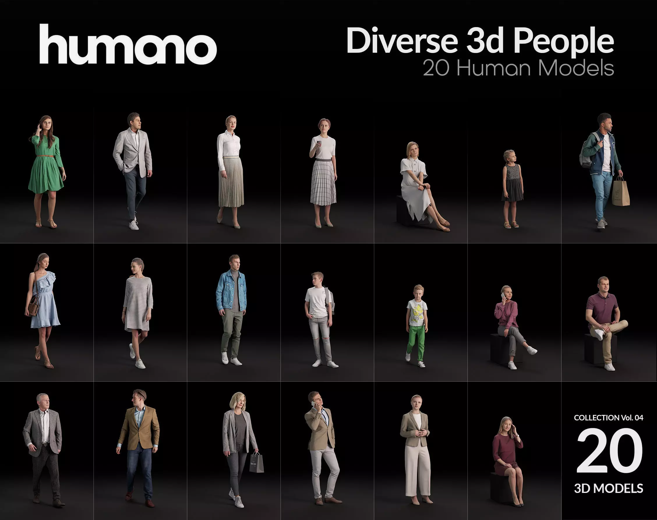 Humano 20-Collection 04 -  DIVERSE POSED PEOPLE - 20x 3D models  3D model_0