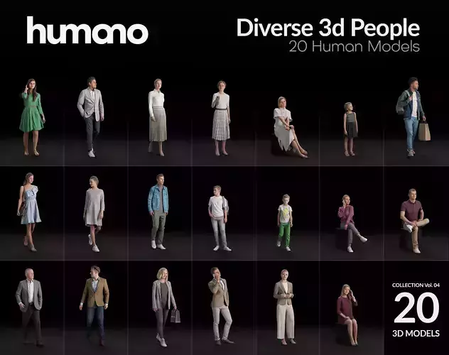 Humano 20-Collection 04 -  DIVERSE POSED PEOPLE - 20x 3D models  3D model