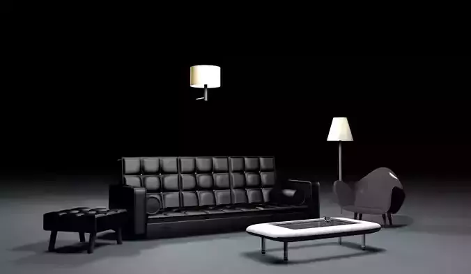 Room interior furniture items sofa chair and table with lights