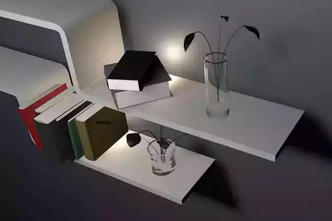 Interior book shelves with books and glass plants props