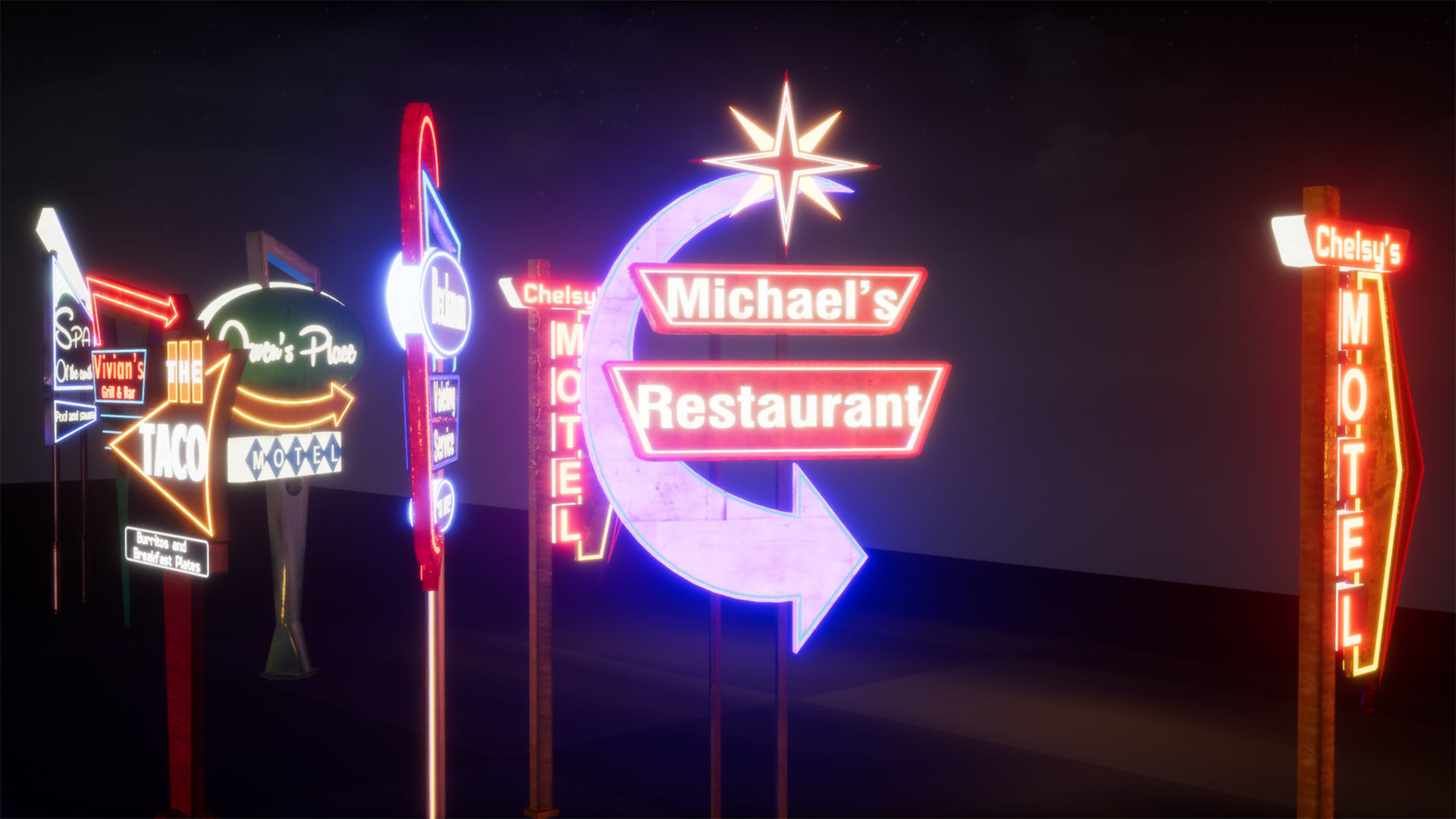 Retro Googie Diner Neon Sign Set - FBX Included Low-poly 3D model_7
