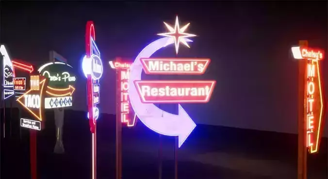 Retro Googie Diner Neon Sign Set - FBX Included Low-poly 3D model