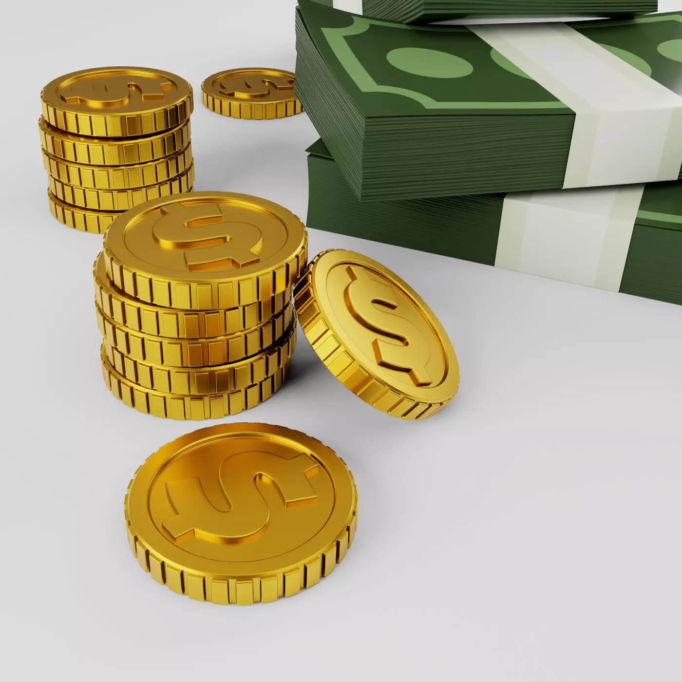 Pack of money cash and gold coins 3D model_0