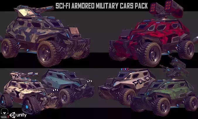 Sci-Fi Armored Military Cars Pack PBR Low-poly 3D model