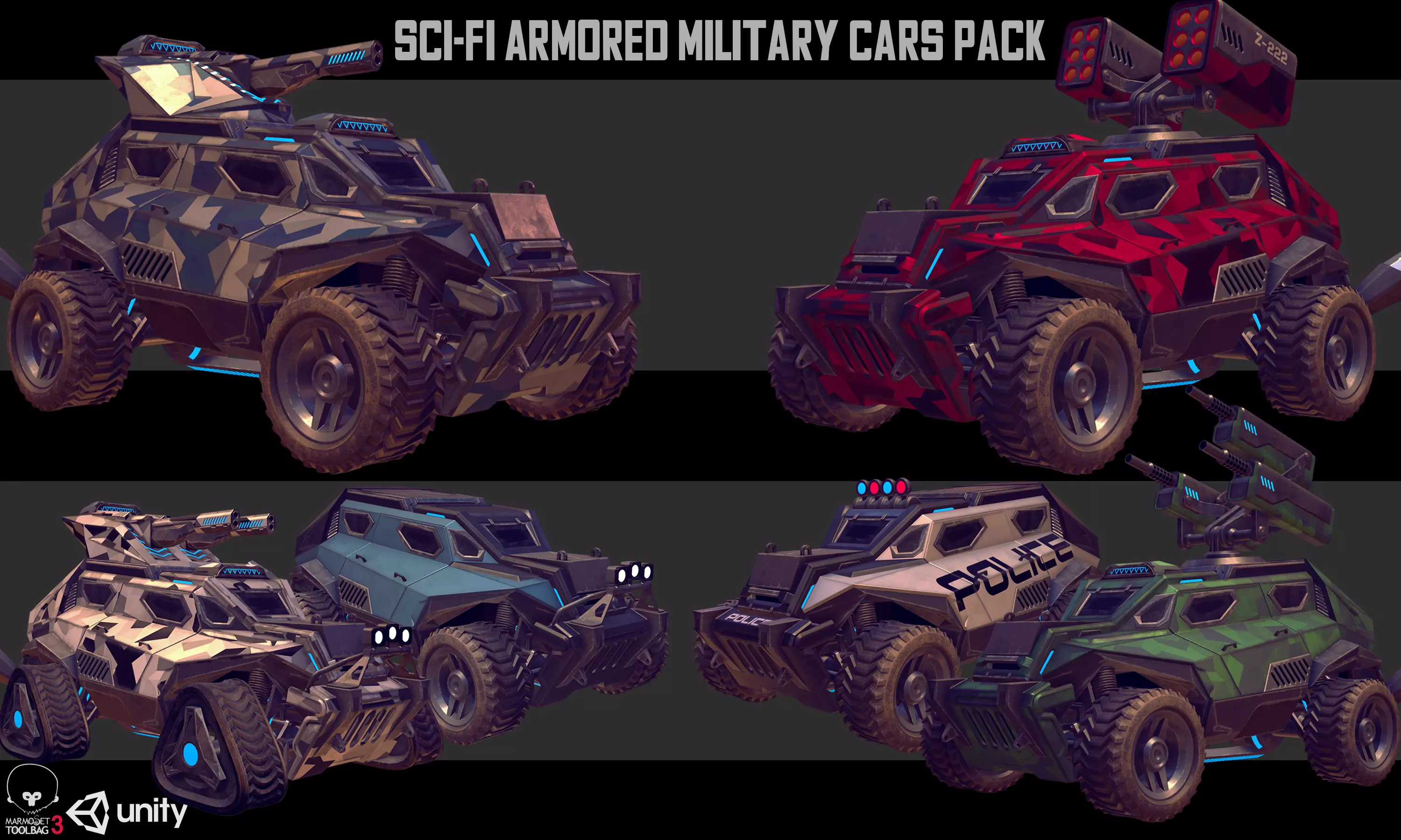 Sci-Fi Armored Military Cars Pack PBR Low-poly 3D model_0