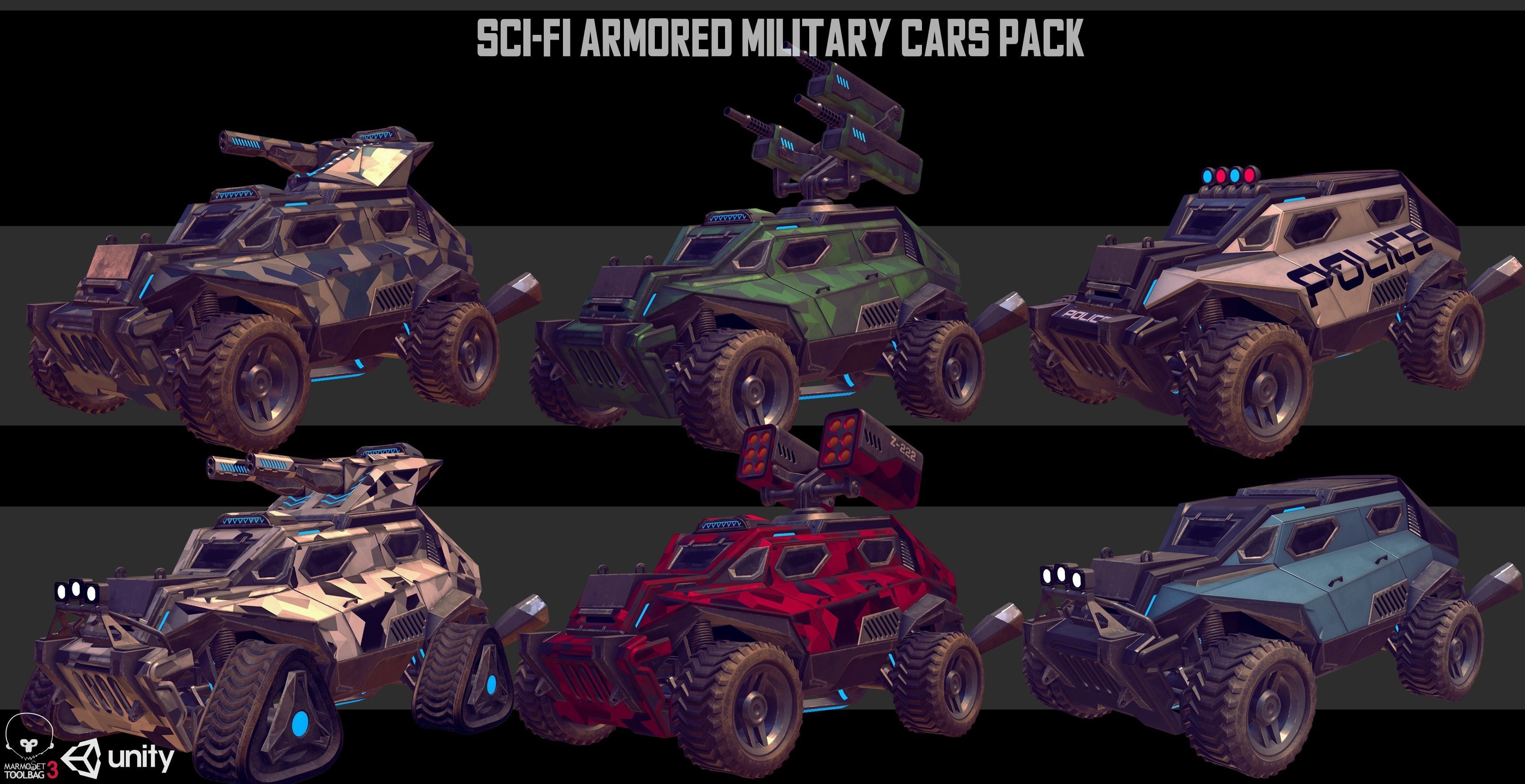 Sci-Fi Armored Military Cars Pack PBR Low-poly 3D model_1