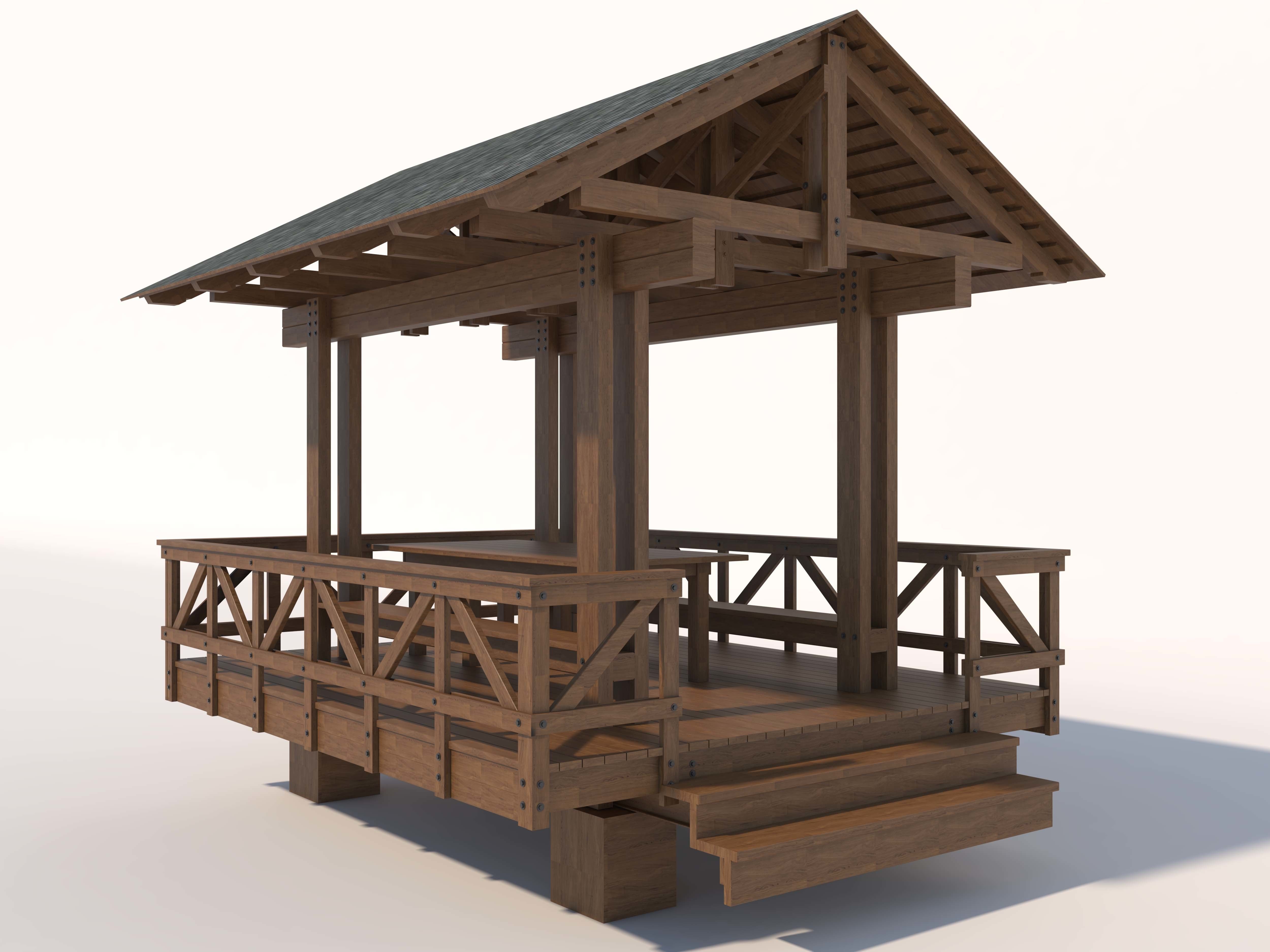 camellia wooden gazebo 3D model_1