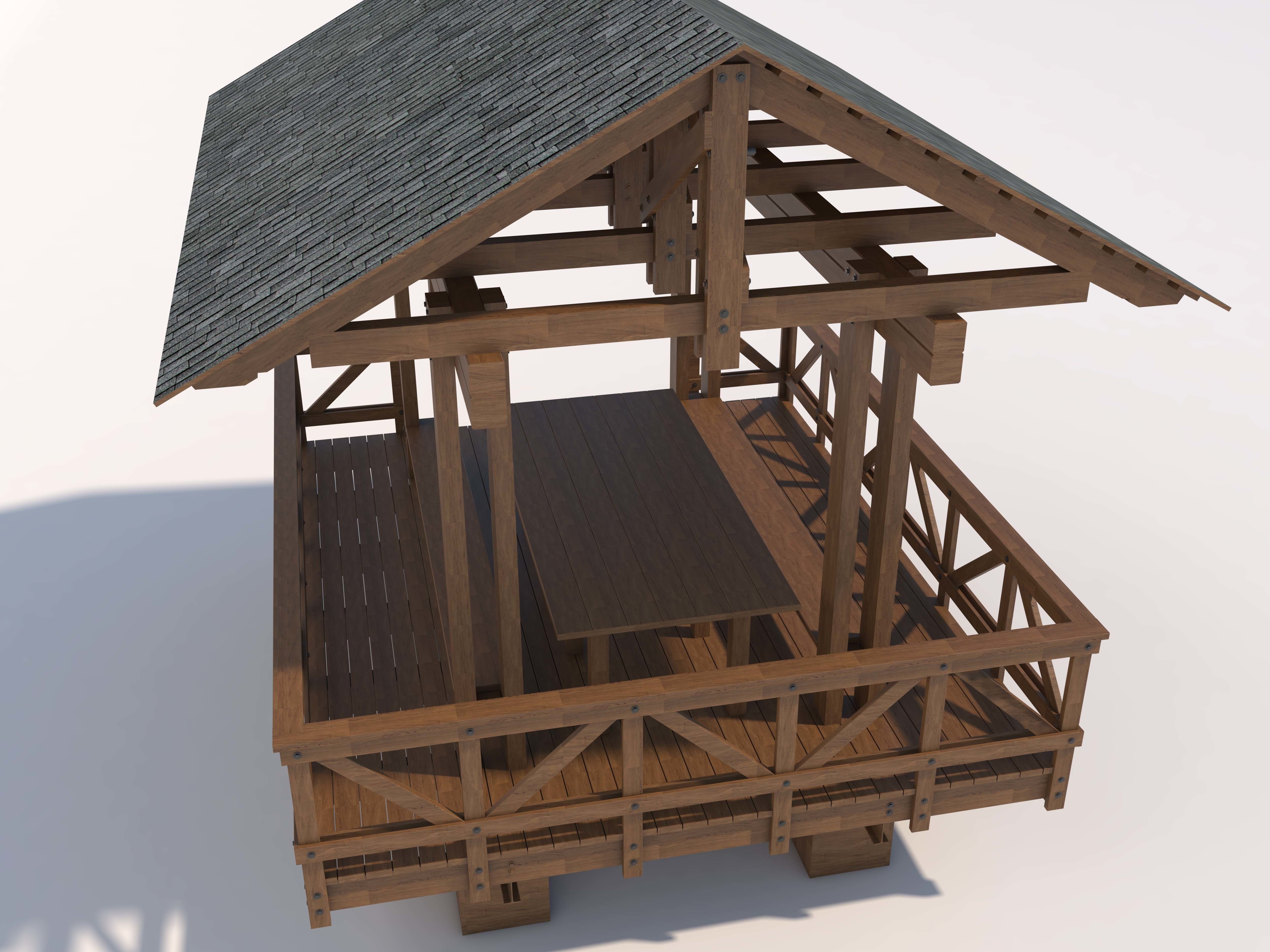 camellia wooden gazebo 3D model_4