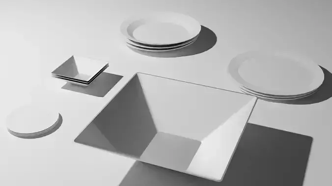 Set of plates and bowls Low-poly 3D model