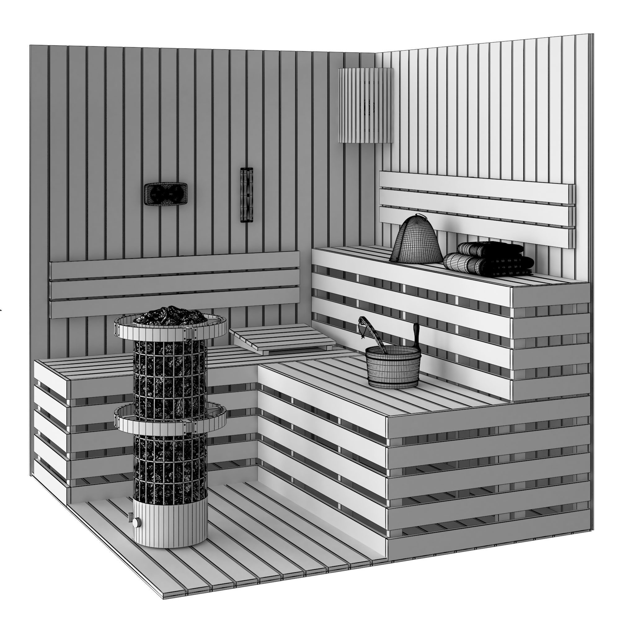 Sauna Set wooden room 3D model_3