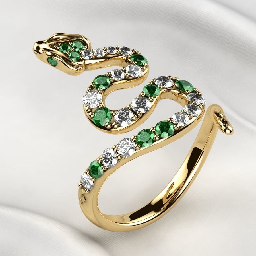 Emerald Gems Snake Open Gold Ring 3D print model_10
