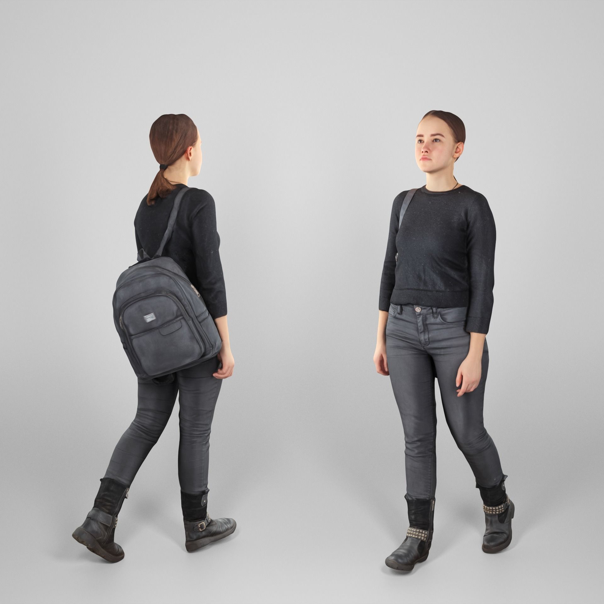 Young woman dressed in black with a backpack 111 Low-poly 3D model_1