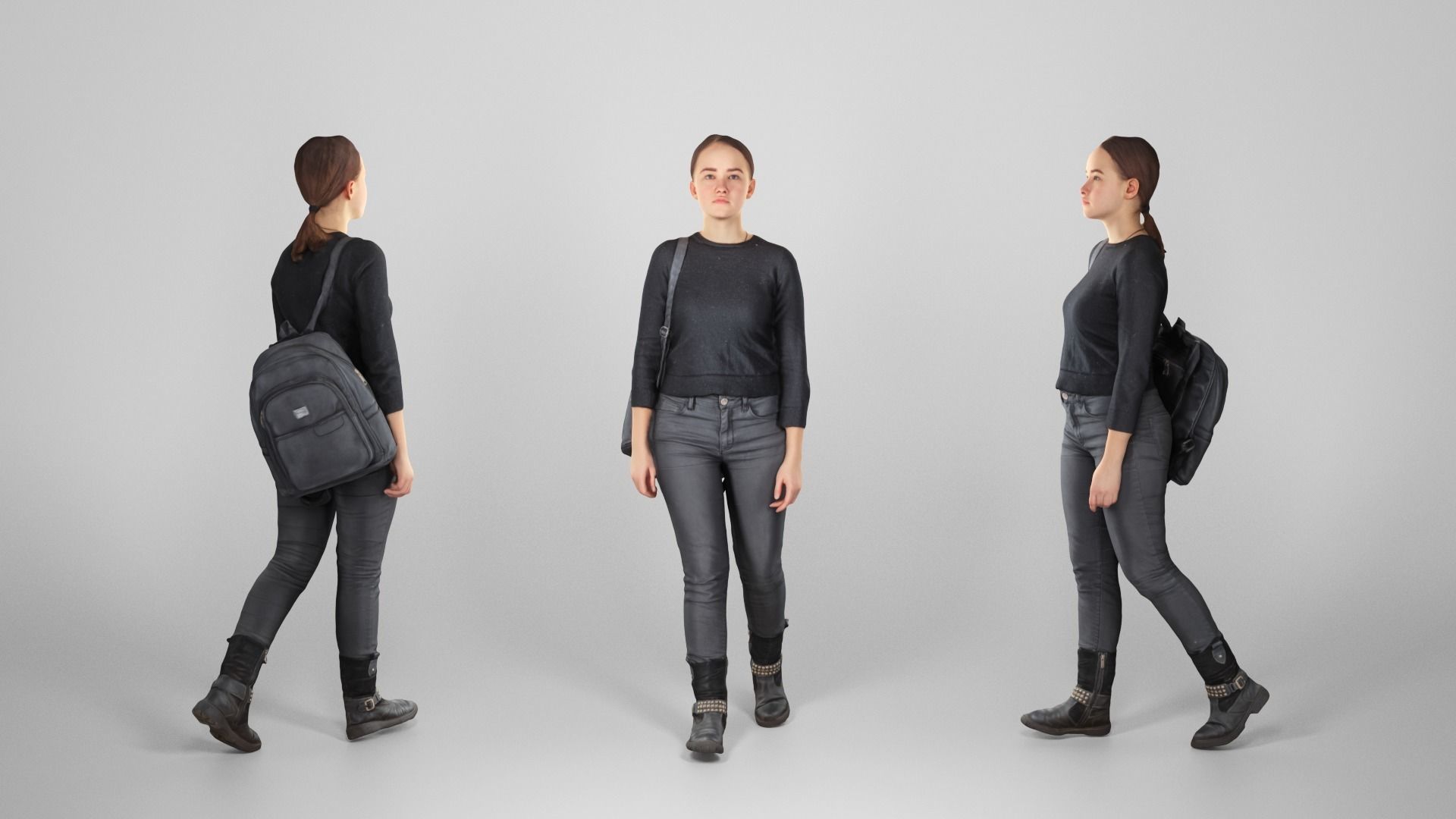 Young woman dressed in black with a backpack 111 Low-poly 3D model_2